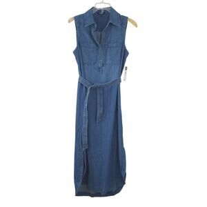 New Chaps Denim Long Maxi Dress Medium Sleeveless Tie Waist Button Up 100% Cotto